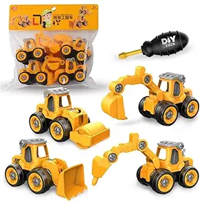 SUPER TOY 4 Pc Take Apart Construction Trucks Toys for 2 3 4 5 Year Old Boys DIY Excavator, Bulldozer, Ground Drill, Road Roller Stem Educational Assembly Birthday Gift (Yellow)